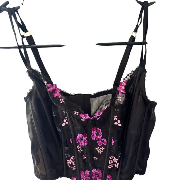 Black Bustier with Pink Floral Embroidery - Picture 1 of 2